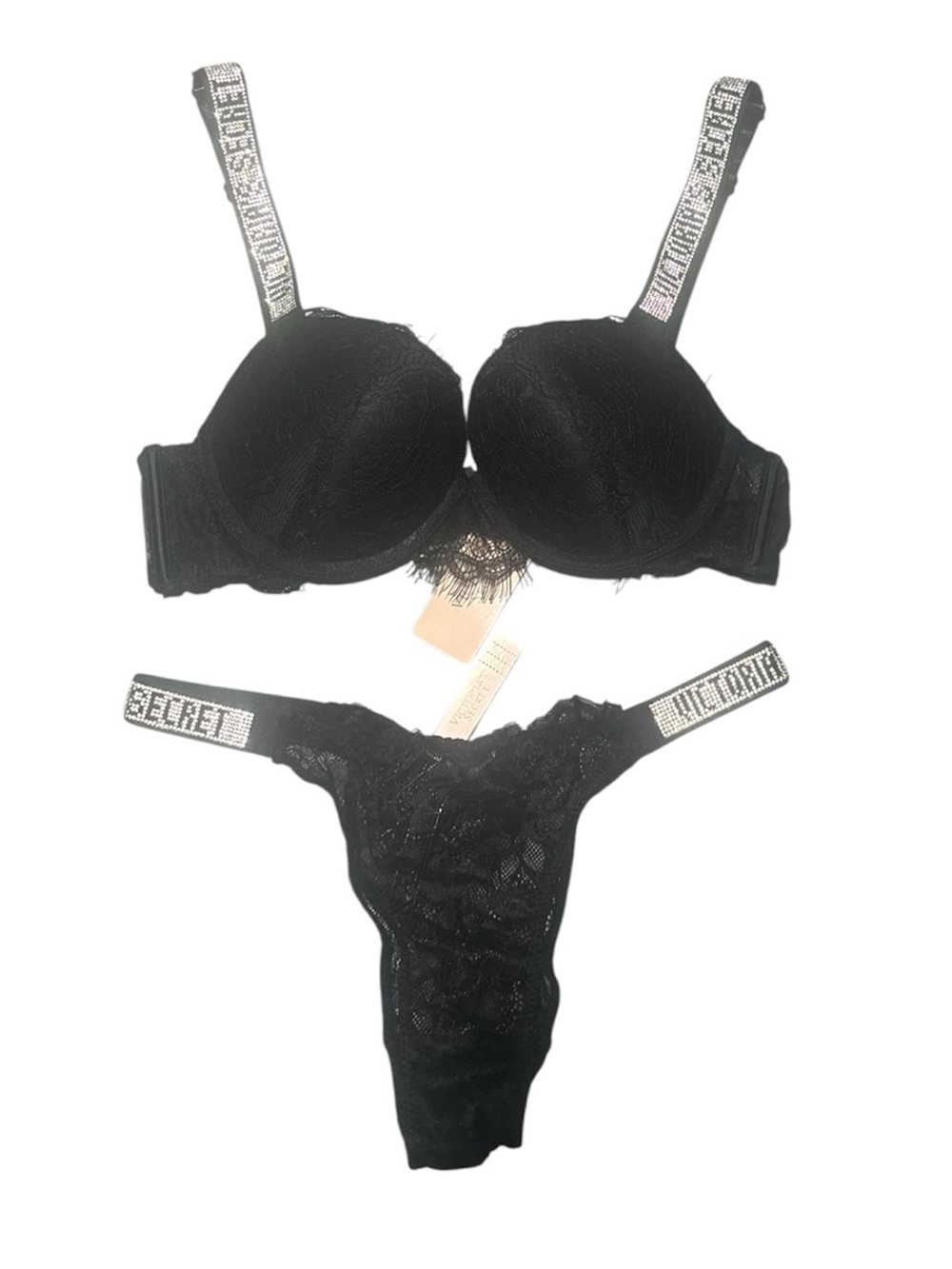 NWT Victoria's Secret Lace Shine Strap Collection Bra & Panty Set in Black